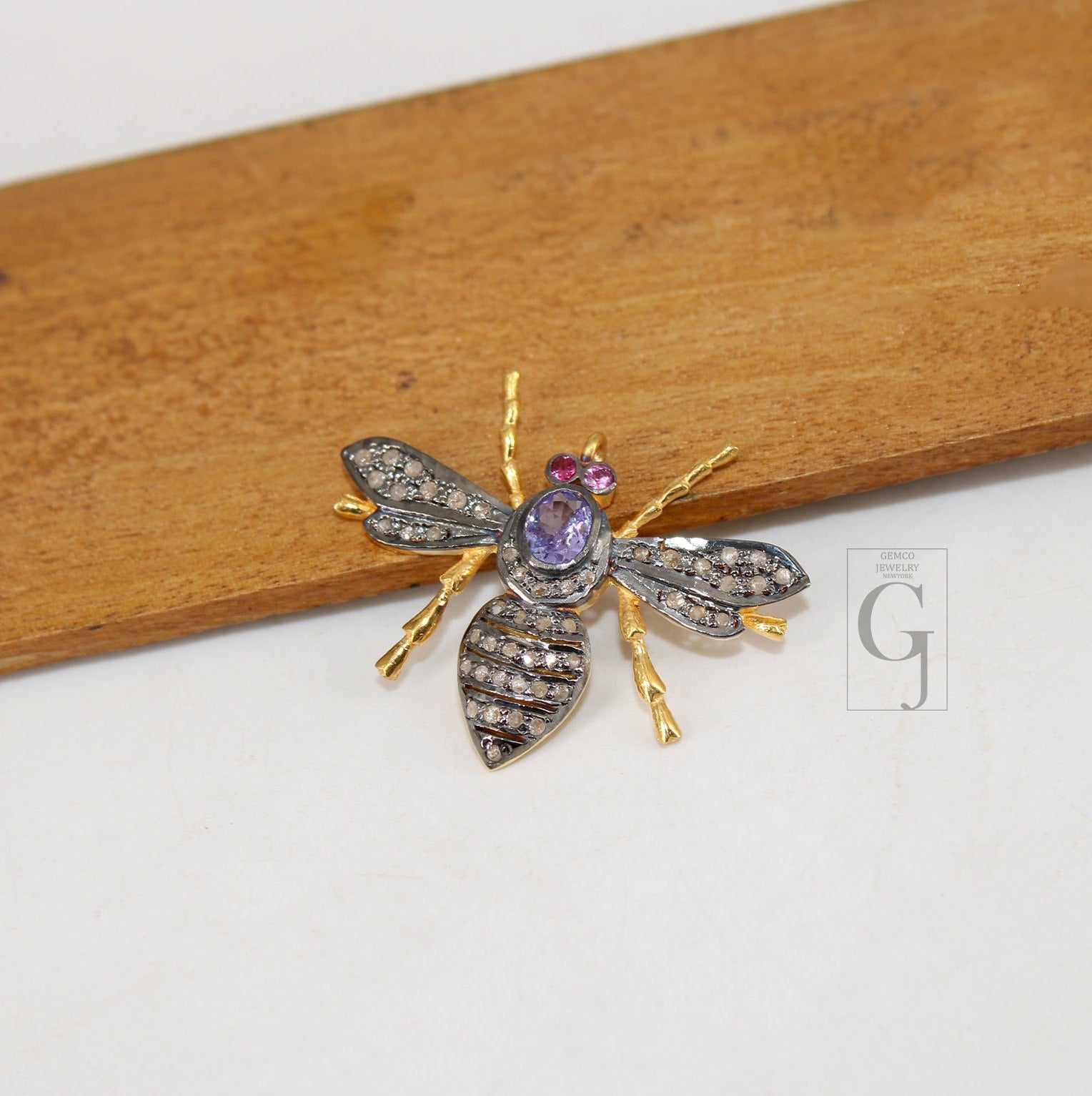 Beautiful Tanzanite Designer Bee Pendant Rosecut Pave Diamond Pendant 925 Sterling Silver Handmade Finish Diamond Jewelry Necklace Pendant