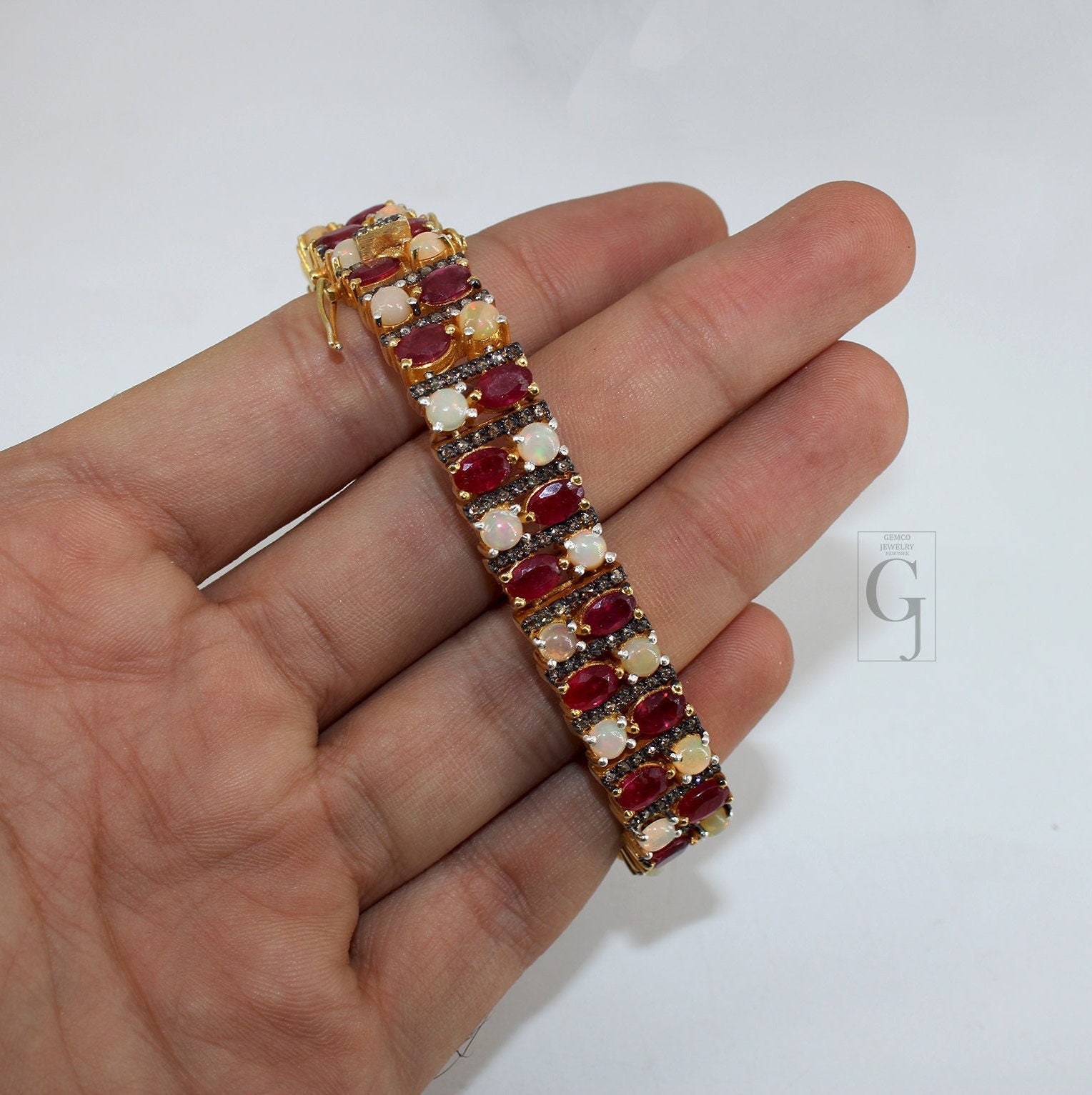 14k Gold Finish Red Ruby And Opal Bracelet Jewelry Rosecut Pave Diamond Bracelet 925 Sterling Silver Handmade Finish Diamond Bangle Bracelet