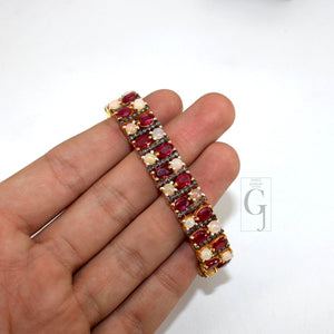 14k Gold Finish Red Ruby And Opal Bracelet Jewelry Rosecut Pave Diamond Bracelet 925 Sterling Silver Handmade Finish Diamond Bangle Bracelet