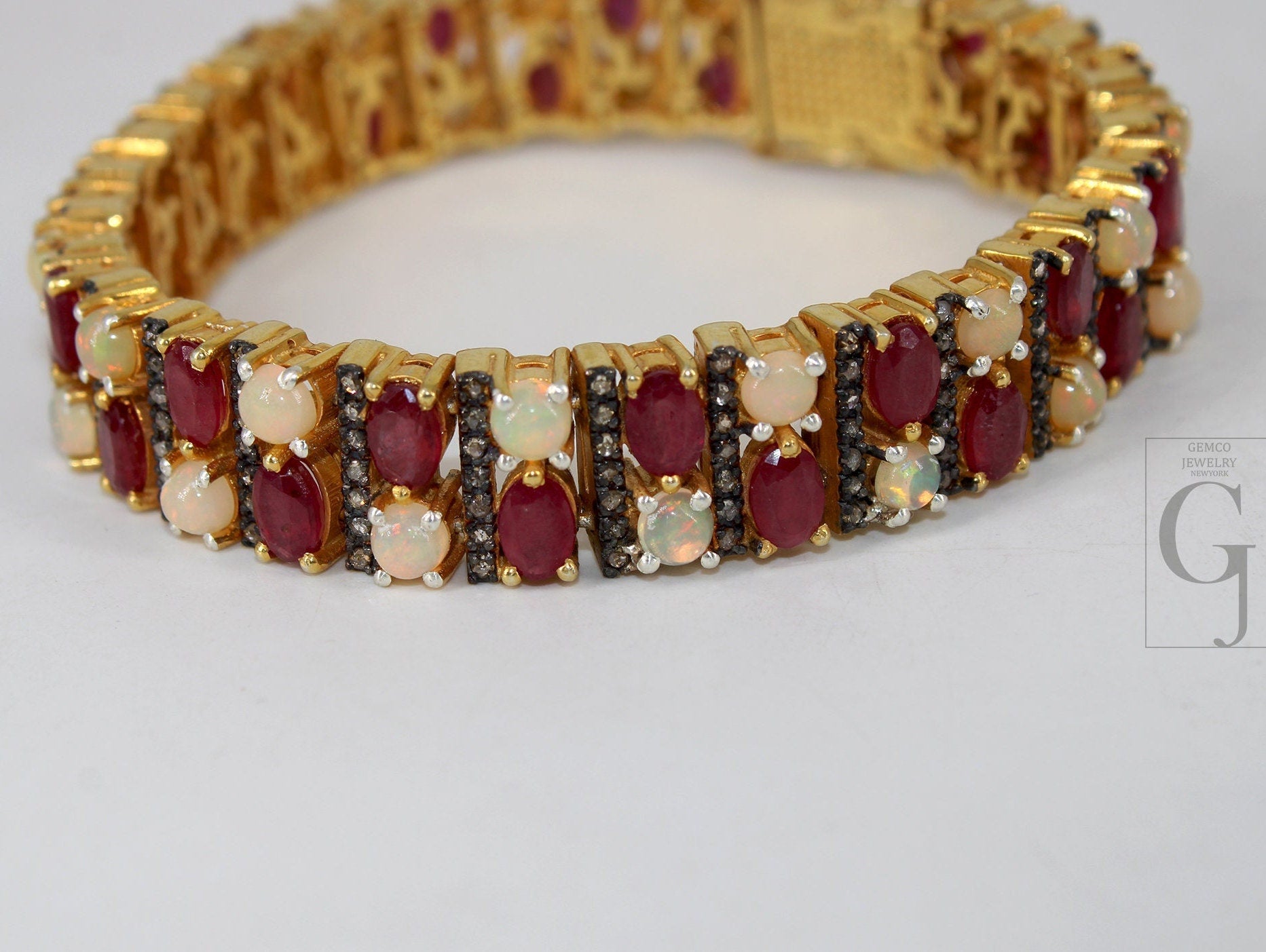 14k Gold Finish Red Ruby And Opal Bracelet Jewelry Rosecut Pave Diamond Bracelet 925 Sterling Silver Handmade Finish Diamond Bangle Bracelet