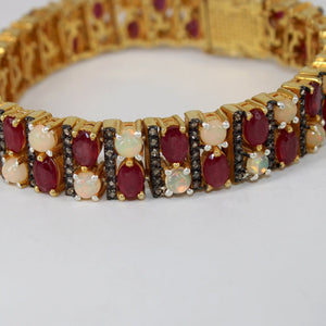 14k Gold Finish Red Ruby And Opal Bracelet Jewelry Rosecut Pave Diamond Bracelet 925 Sterling Silver Handmade Finish Diamond Bangle Bracelet