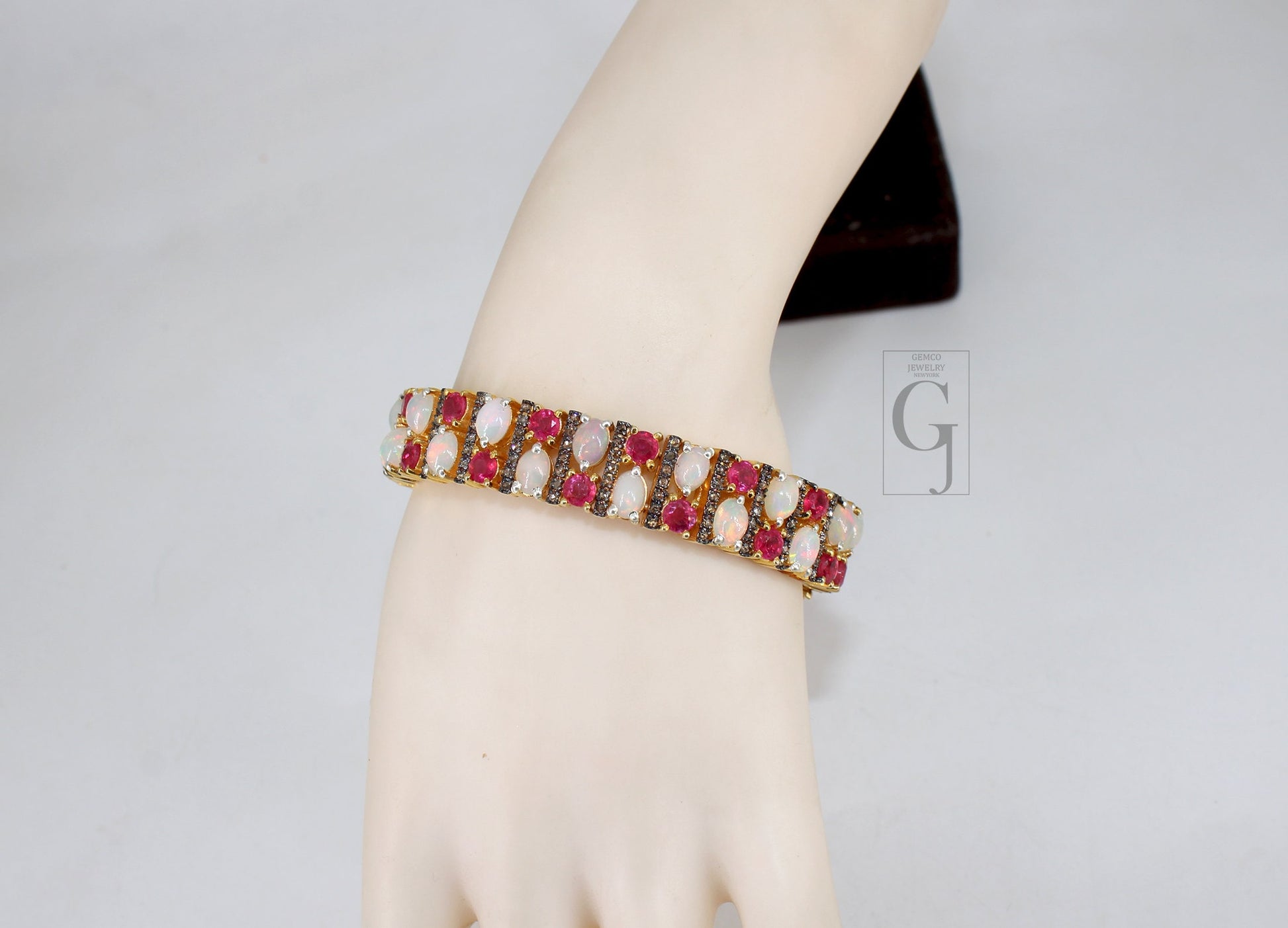 14k Gold Finish Opal And Red Ruby Bracelet Jewelry Rosecut Pave Diamond Bracelet 925 Sterling Silver Handmade Finish Diamond Bangle Bracelet