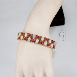 14k Gold Finish Opal And Red Ruby Bracelet Jewelry Rosecut Pave Diamond Bracelet 925 Sterling Silver Handmade Finish Diamond Bangle Bracelet