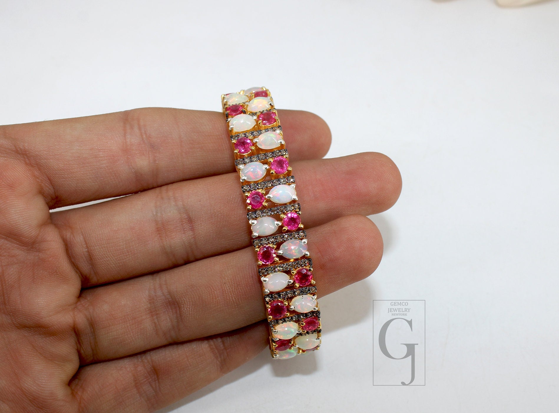 14k Gold Finish Opal And Red Ruby Bracelet Jewelry Rosecut Pave Diamond Bracelet 925 Sterling Silver Handmade Finish Diamond Bangle Bracelet