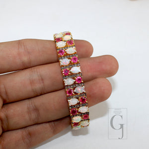 14k Gold Finish Opal And Red Ruby Bracelet Jewelry Rosecut Pave Diamond Bracelet 925 Sterling Silver Handmade Finish Diamond Bangle Bracelet