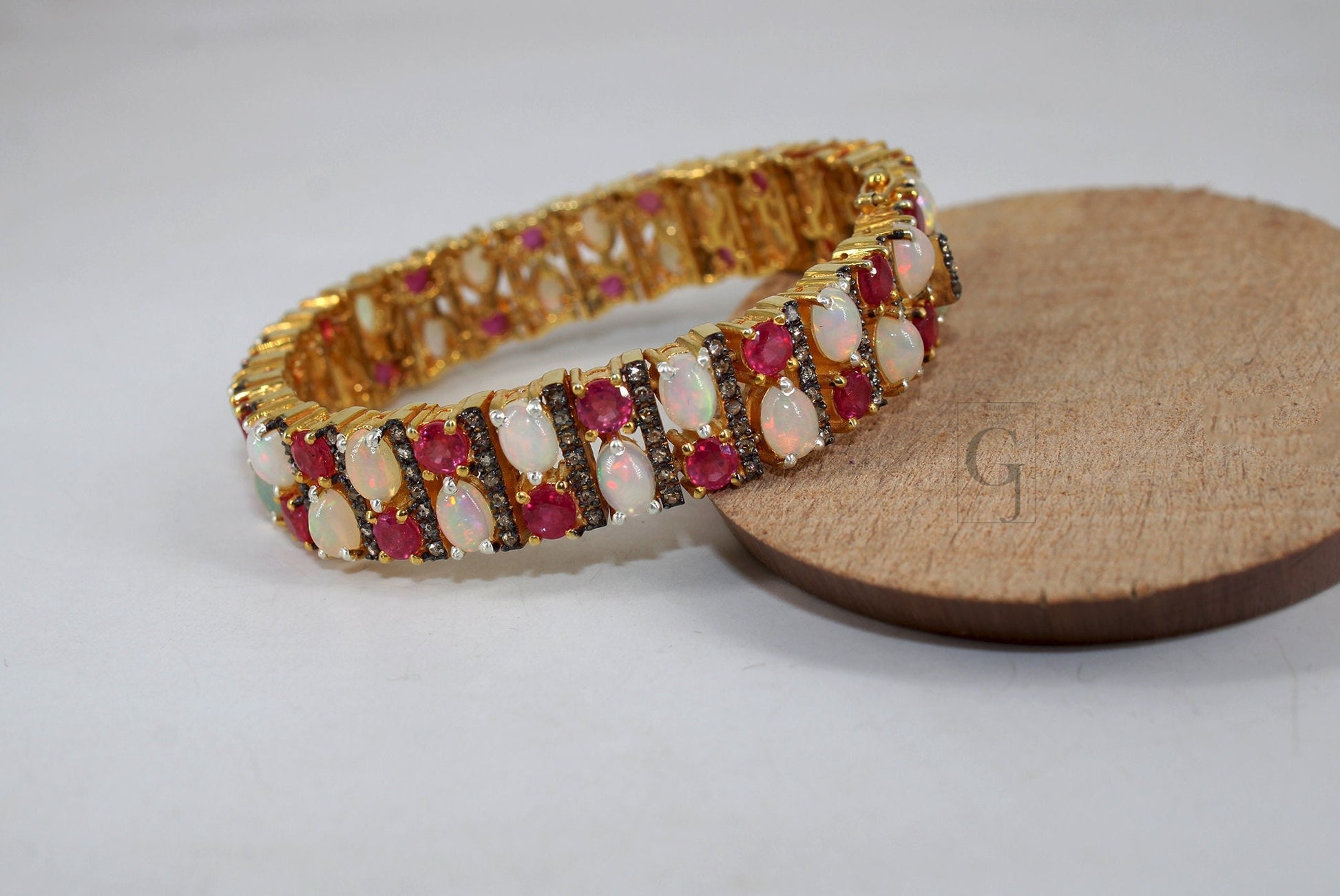14k Gold Finish Opal And Red Ruby Bracelet Jewelry Rosecut Pave Diamond Bracelet 925 Sterling Silver Handmade Finish Diamond Bangle Bracelet