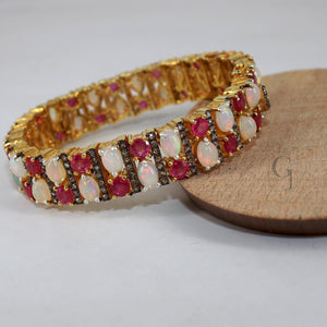 14k Gold Finish Opal And Red Ruby Bracelet Jewelry Rosecut Pave Diamond Bracelet 925 Sterling Silver Handmade Finish Diamond Bangle Bracelet