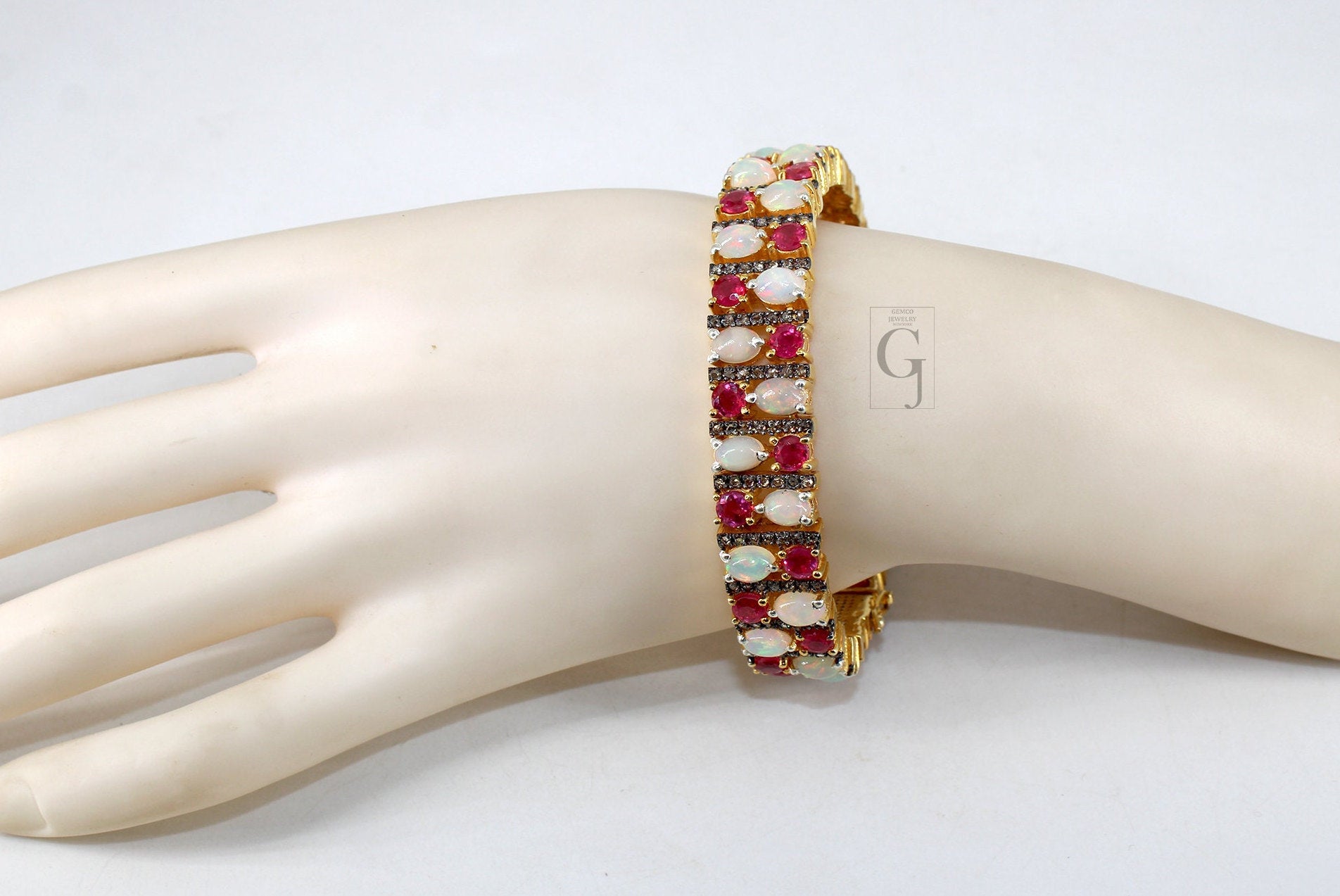 14k Gold Finish Opal And Red Ruby Bracelet Jewelry Rosecut Pave Diamond Bracelet 925 Sterling Silver Handmade Finish Diamond Bangle Bracelet