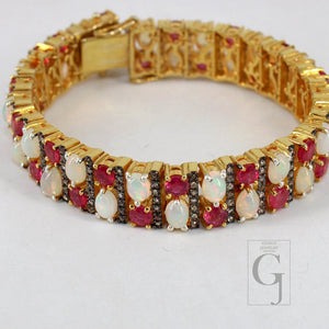 14k Gold Finish Opal And Red Ruby Bracelet Jewelry Rosecut Pave Diamond Bracelet 925 Sterling Silver Handmade Finish Diamond Bangle Bracelet