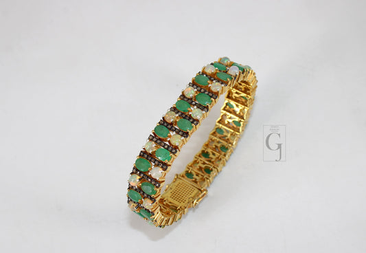 14k Gold Finish Emerald And Opal Bracelet Jewelry Rosecut Pave Diamond Bracelet 925 Sterling Silver Handmade Finish Diamond Bangle Bracelet