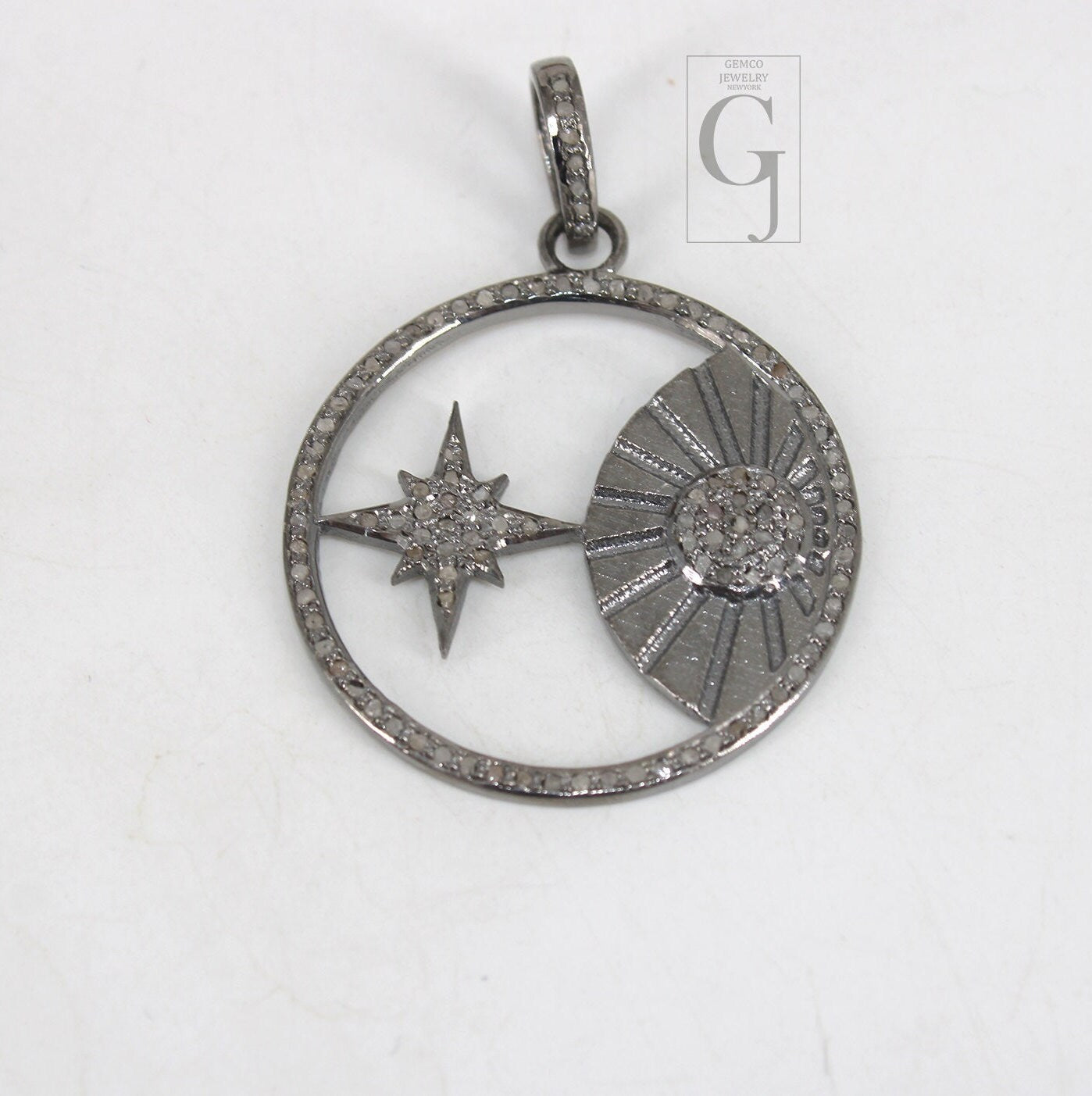 Beautiful Sun And Star Pendant Designer Rosecut Pave Diamond Pendant 925 Sterling Silver Handmade Finish Diamond Charms Necklace Pendant