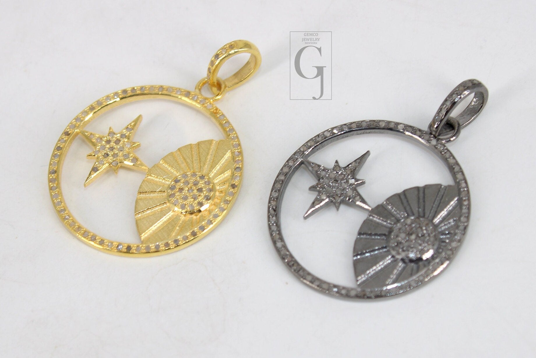 Beautiful Sun And Star Pendant Designer Rosecut Pave Diamond Pendant 925 Sterling Silver Handmade Finish Diamond Charms Necklace Pendant