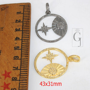 Beautiful Sun And Star Pendant Designer Rosecut Pave Diamond Pendant 925 Sterling Silver Handmade Finish Diamond Charms Necklace Pendant