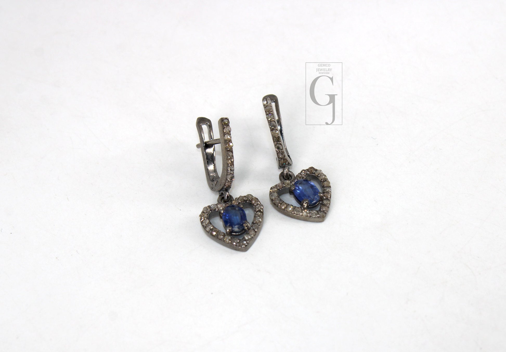 Heart shape oxidized finish kyanite ring earring jewelry set designer Rosecut pave diamond 925 sterling silver handmade silver diamond ring