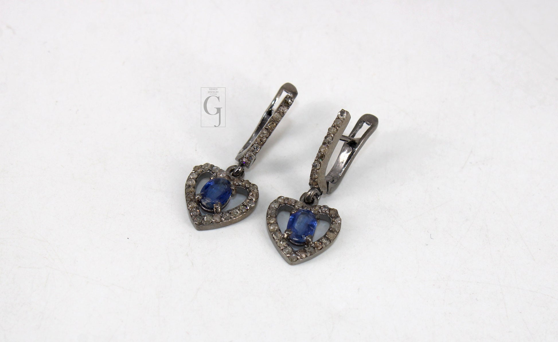 Heart shape oxidized finish kyanite ring earring jewelry set designer Rosecut pave diamond 925 sterling silver handmade silver diamond ring