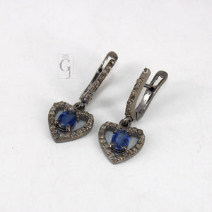 Heart shape oxidized finish kyanite ring earring jewelry set designer Rosecut pave diamond 925 sterling silver handmade silver diamond ring