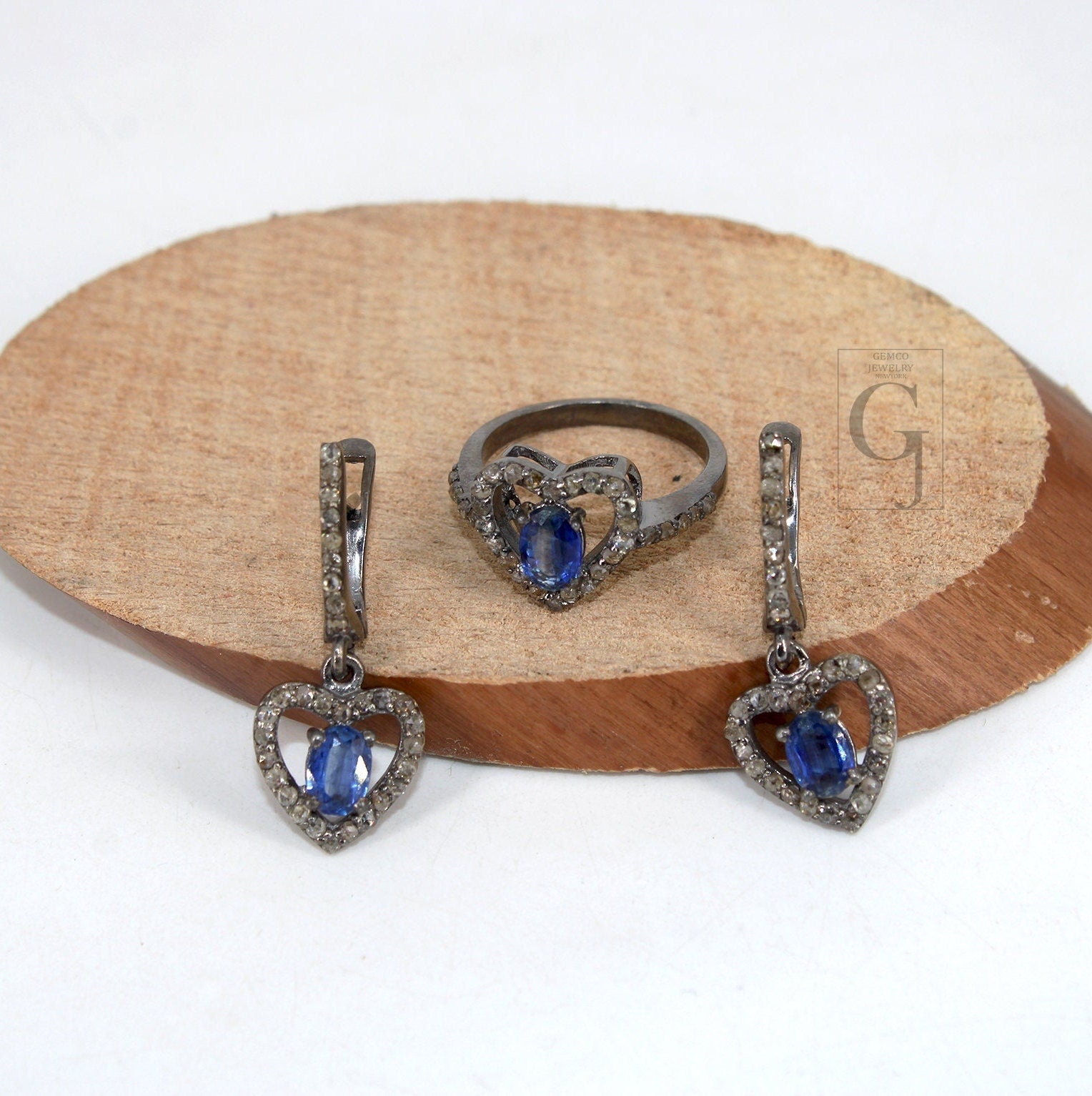 Heart shape oxidized finish kyanite ring earring jewelry set designer Rosecut pave diamond 925 sterling silver handmade silver diamond ring