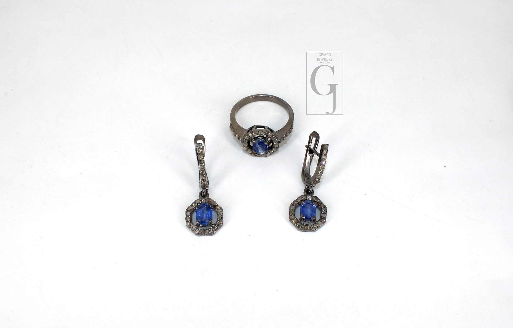 Antique Look Oxidized Finish Kyanite Ring Earring Jewelry Set Designer Rosecut Pave Diamond 925 Sterling Silver Handmade Silver Diamond Ring