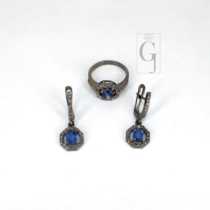 Antique Look Oxidized Finish Kyanite Ring Earring Jewelry Set Designer Rosecut Pave Diamond 925 Sterling Silver Handmade Silver Diamond Ring