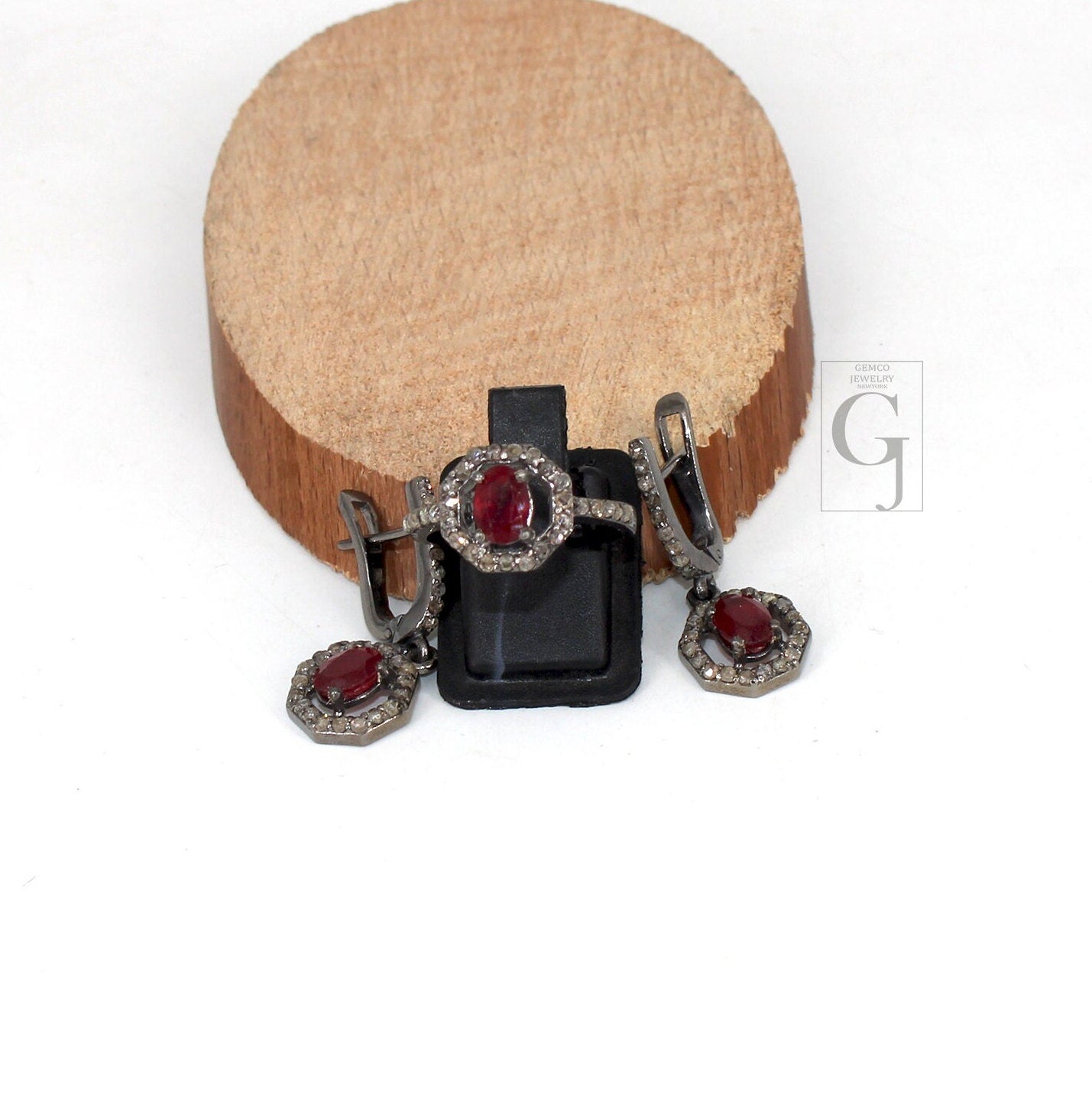 Antique Look Oxidized Finish Red Ruby Ring Earring Jewelry Set Designer Rosecut Pave Diamond 925 Sterling Silver Handmade Diamond Ring