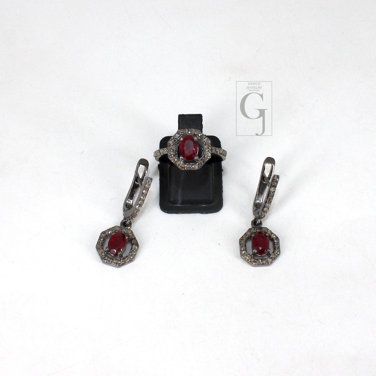 Antique Look Oxidized Finish Red Ruby Ring Earring Jewelry Set Designer Rosecut Pave Diamond 925 Sterling Silver Handmade Diamond Ring