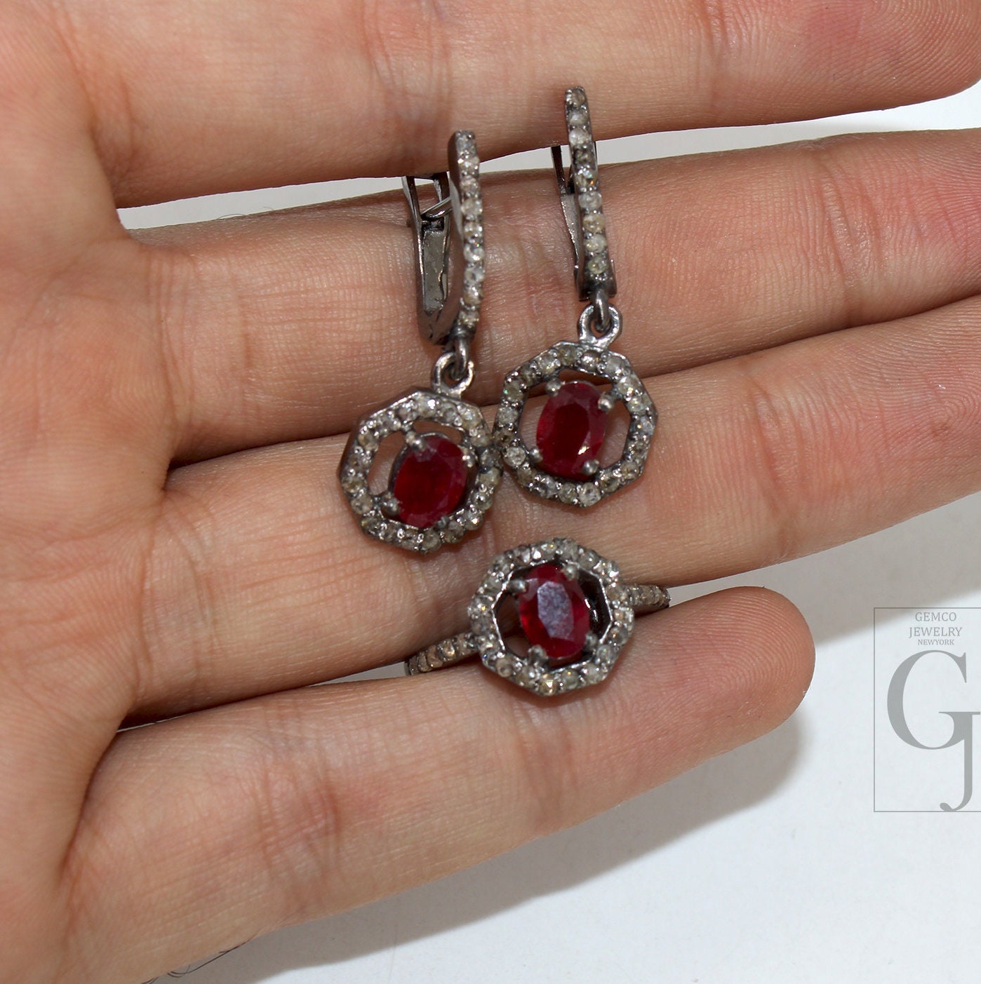 Antique Look Oxidized Finish Red Ruby Ring Earring Jewelry Set Designer Rosecut Pave Diamond 925 Sterling Silver Handmade Diamond Ring