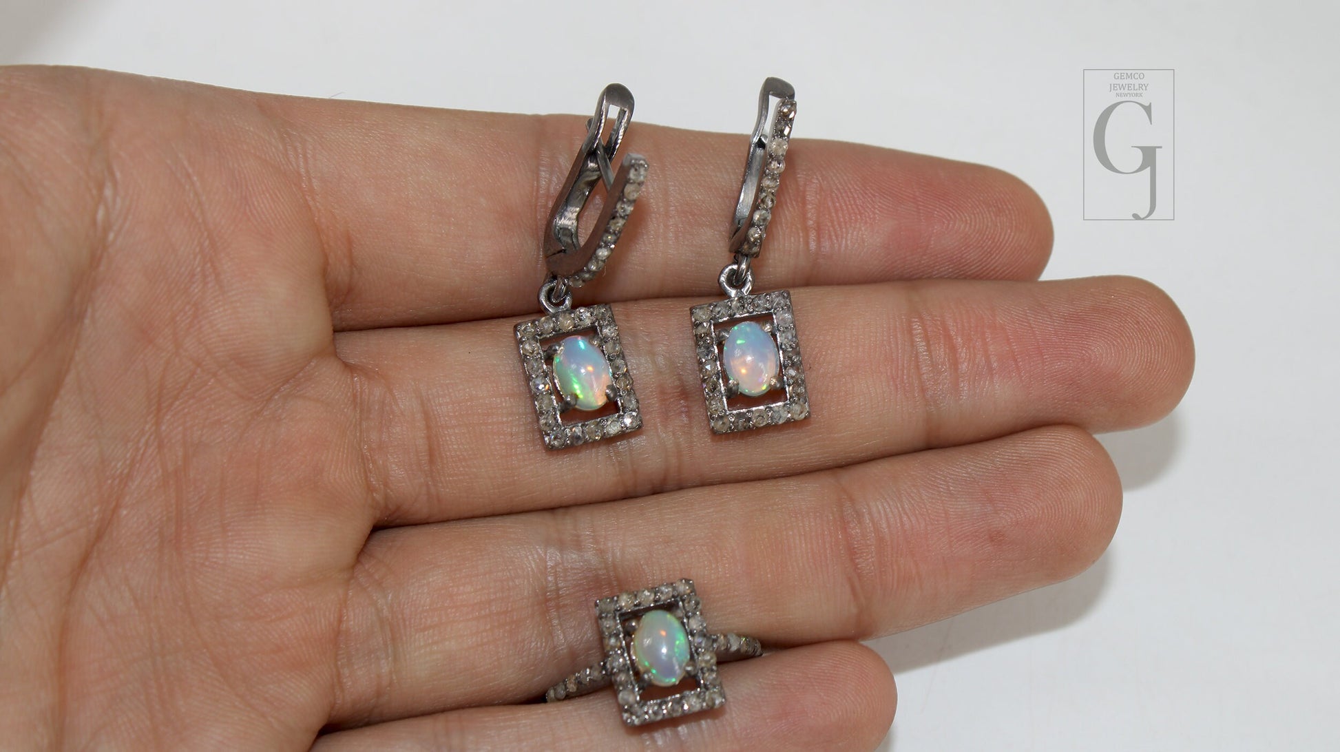 Antique Look Oxidized Finish Fire Opal Ring Earring Jewelry Set Designer Rosecut Pave Diamond 925 Sterling Silver Handmade Diamond Opal Ring