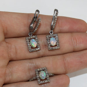 Antique Look Oxidized Finish Fire Opal Ring Earring Jewelry Set Designer Rosecut Pave Diamond 925 Sterling Silver Handmade Diamond Opal Ring