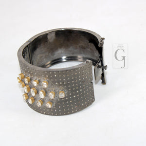 Antique Look Polki Bangle Bracelet Designer Rosecut Pave Diamond Bangle 925 Sterling Silver Handmade Finish Flat Diamond Bangle Bracelet