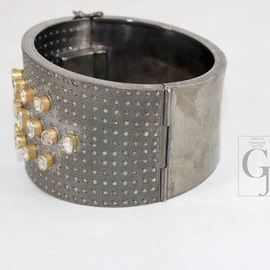Antique Look Polki Bangle Bracelet Designer Rosecut Pave Diamond Bangle 925 Sterling Silver Handmade Finish Flat Diamond Bangle Bracelet