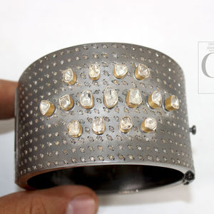 Antique Look Polki Bangle Bracelet Designer Rosecut Pave Diamond Bangle 925 Sterling Silver Handmade Finish Flat Diamond Bangle Bracelet