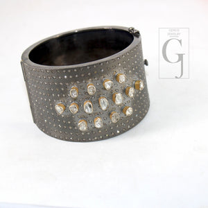 Antique Look Polki Bangle Bracelet Designer Rosecut Pave Diamond Bangle 925 Sterling Silver Handmade Finish Flat Diamond Bangle Bracelet