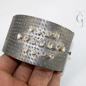 Antique Look Polki Bangle Bracelet Designer Rosecut Pave Diamond Bangle 925 Sterling Silver Handmade Finish Flat Diamond Bangle Bracelet