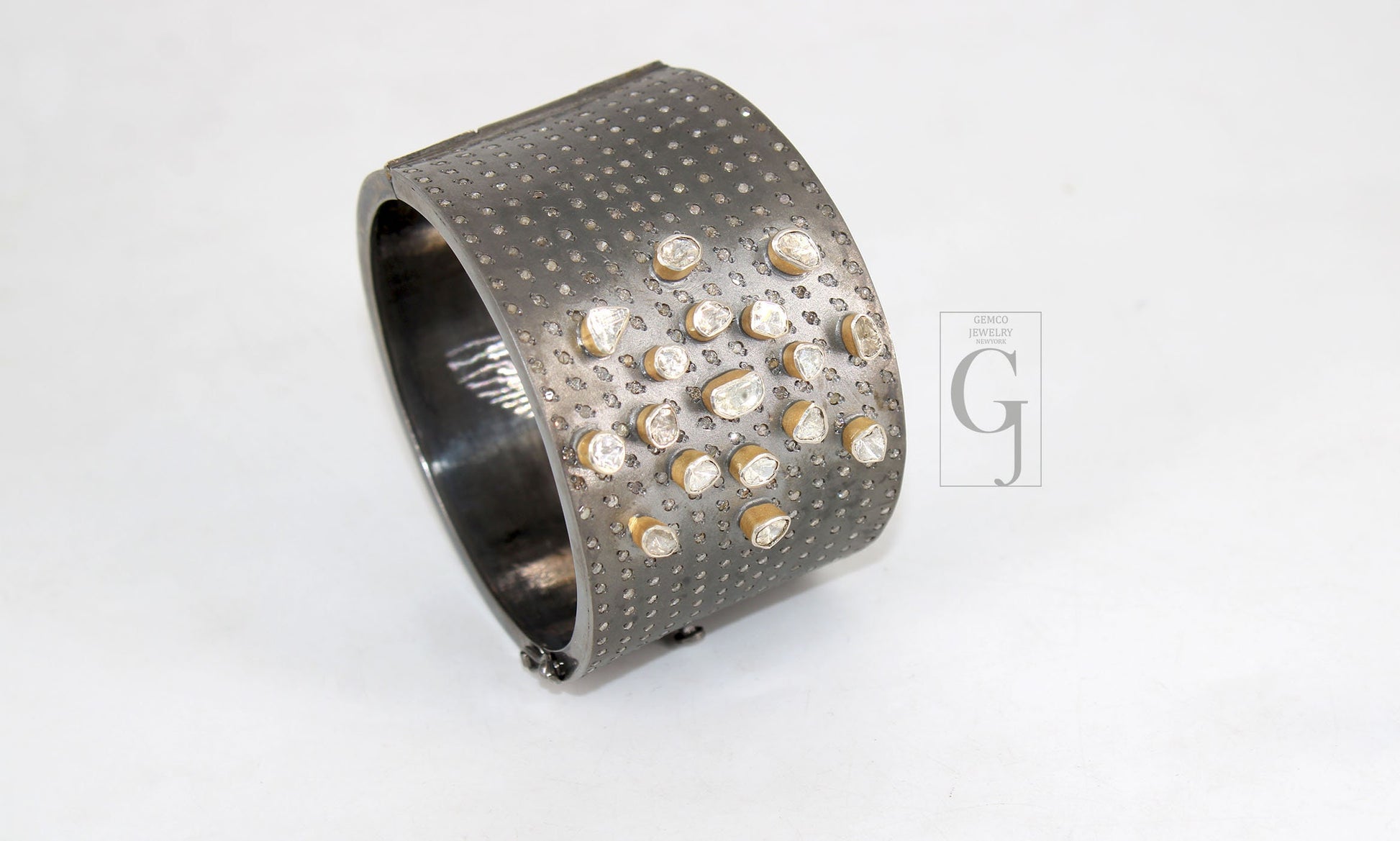 Antique Look Polki Bangle Bracelet Designer Rosecut Pave Diamond Bangle 925 Sterling Silver Handmade Finish Flat Diamond Bangle Bracelet