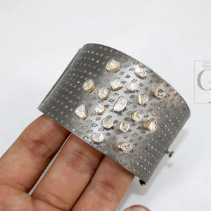 Antique Look Polki Bangle Bracelet Designer Rosecut Pave Diamond Bangle 925 Sterling Silver Handmade Finish Flat Diamond Bangle Bracelet