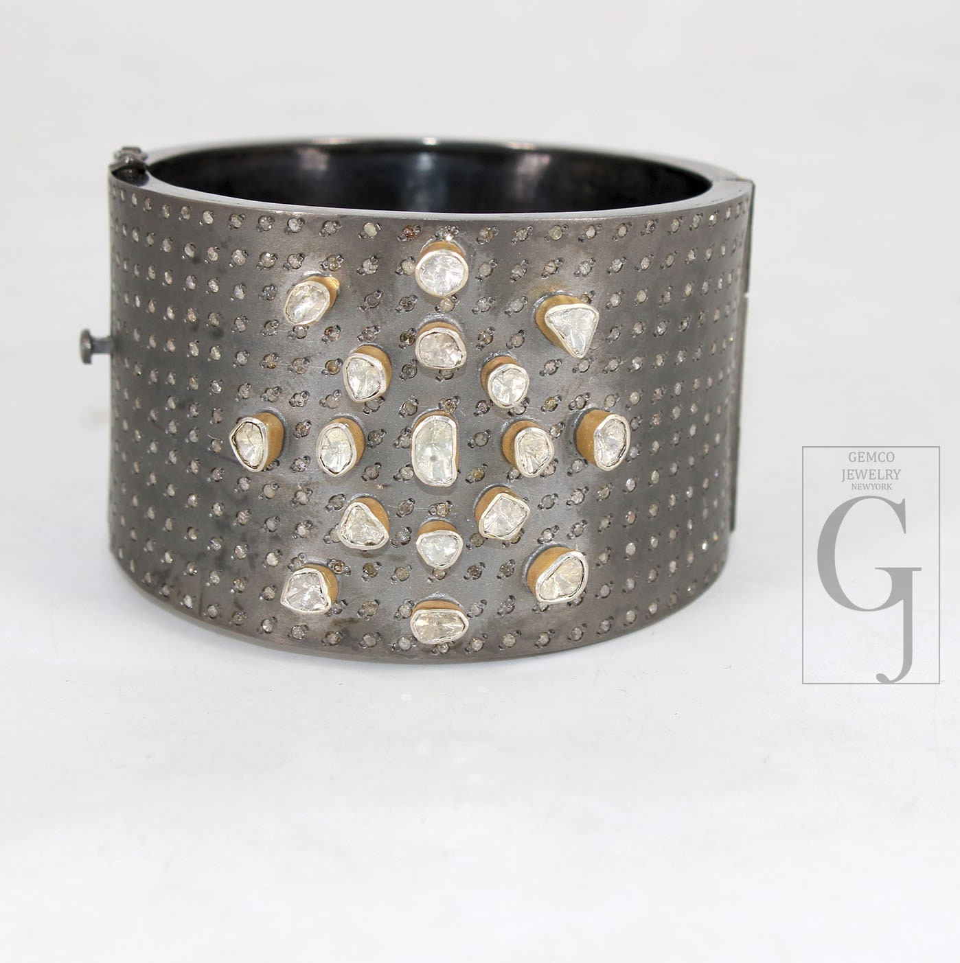 Antique Look Polki Bangle Bracelet Designer Rosecut Pave Diamond Bangle 925 Sterling Silver Handmade Finish Flat Diamond Bangle Bracelet