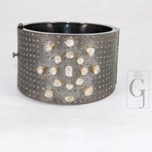 Antique Look Polki Bangle Bracelet Designer Rosecut Pave Diamond Bangle 925 Sterling Silver Handmade Finish Flat Diamond Bangle Bracelet