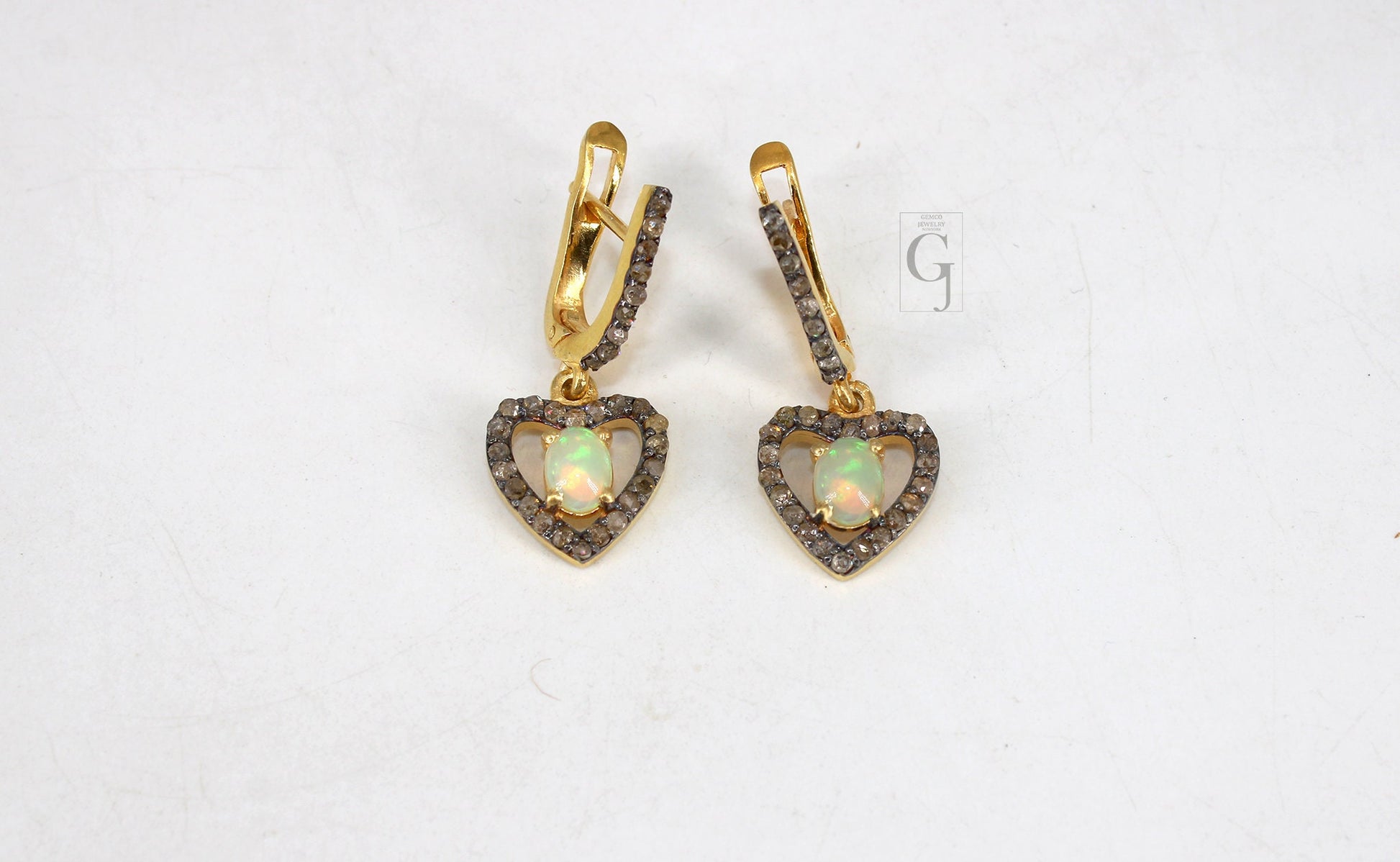 Heart Shape 14k Gold Finish Fire Opal Ring Earring Jewelry Set Designer Rosecut Pave Diamond 925 Sterling Silver Handmade Diamond Opal Ring