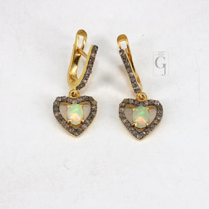 Heart Shape 14k Gold Finish Fire Opal Ring Earring Jewelry Set Designer Rosecut Pave Diamond 925 Sterling Silver Handmade Diamond Opal Ring