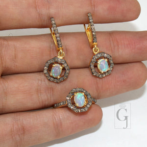 14k Gold Finish Fire Opal Ring Earring Jewelry Set Designer Rosecut Pave Diamond 925 Sterling Silver Handmade Diamond Opal Ring