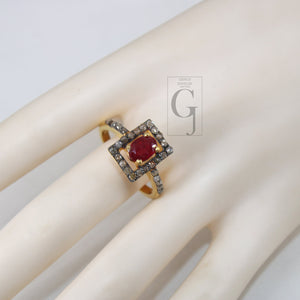 14k Gold Look Finish Red Ruby Ring Earring Jewelry Set Designer Rosecut Pave Diamond 925 Sterling Silver Handmade Diamond Ring