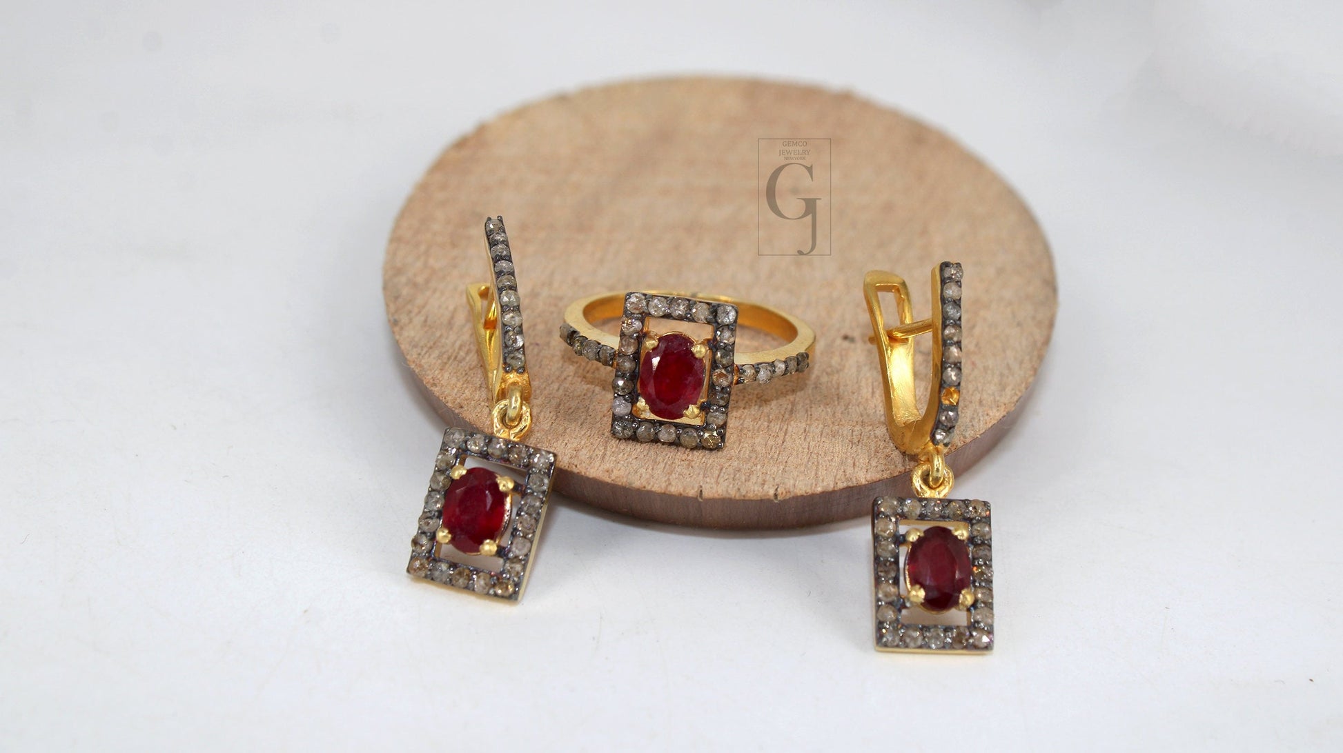 14k Gold Look Finish Red Ruby Ring Earring Jewelry Set Designer Rosecut Pave Diamond 925 Sterling Silver Handmade Diamond Ring