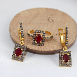 14k Gold Look Finish Red Ruby Ring Earring Jewelry Set Designer Rosecut Pave Diamond 925 Sterling Silver Handmade Diamond Ring