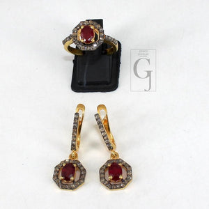 14k Gold Look Finish Red Ruby Ring Earring Jewelry Set Designer Rosecut Pave Diamond 925 Sterling Silver Handmade Diamond Ring