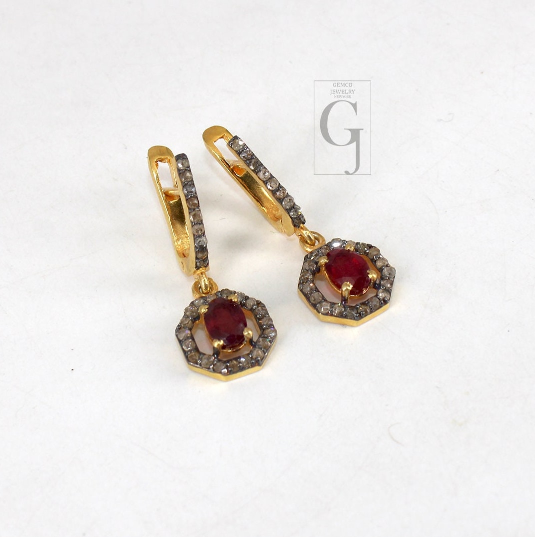 14k Gold Look Finish Red Ruby Ring Earring Jewelry Set Designer Rosecut Pave Diamond 925 Sterling Silver Handmade Diamond Ring