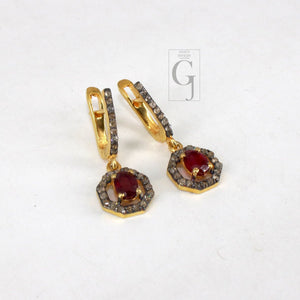 14k Gold Look Finish Red Ruby Ring Earring Jewelry Set Designer Rosecut Pave Diamond 925 Sterling Silver Handmade Diamond Ring