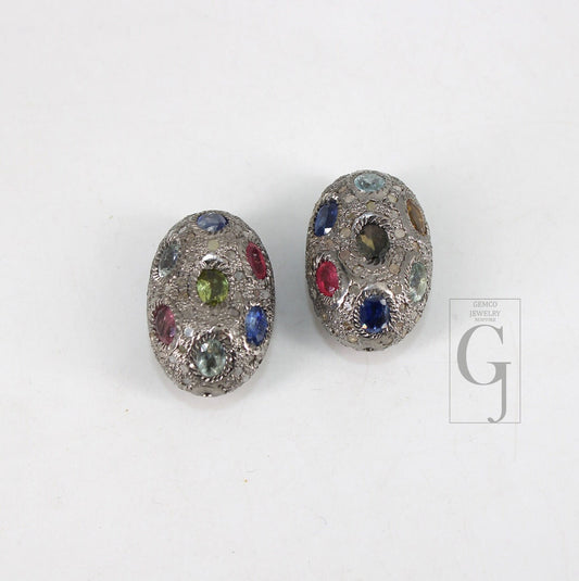 Pave diamond Multi sapphire  bead / spacers design Pave diamond 925 sterling silver handmade jewelry diamond jewelry fine supplies 17mm