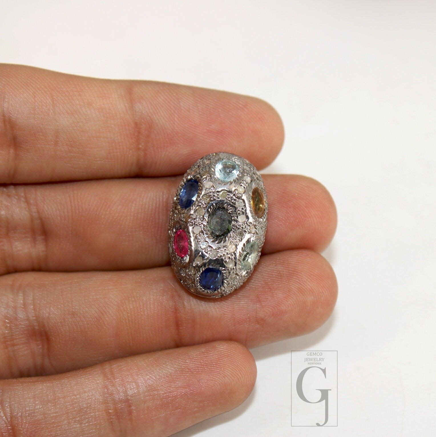 Pave diamond Multi sapphire  bead / spacers design Pave diamond 925 sterling silver handmade jewelry diamond jewelry fine supplies 17mm