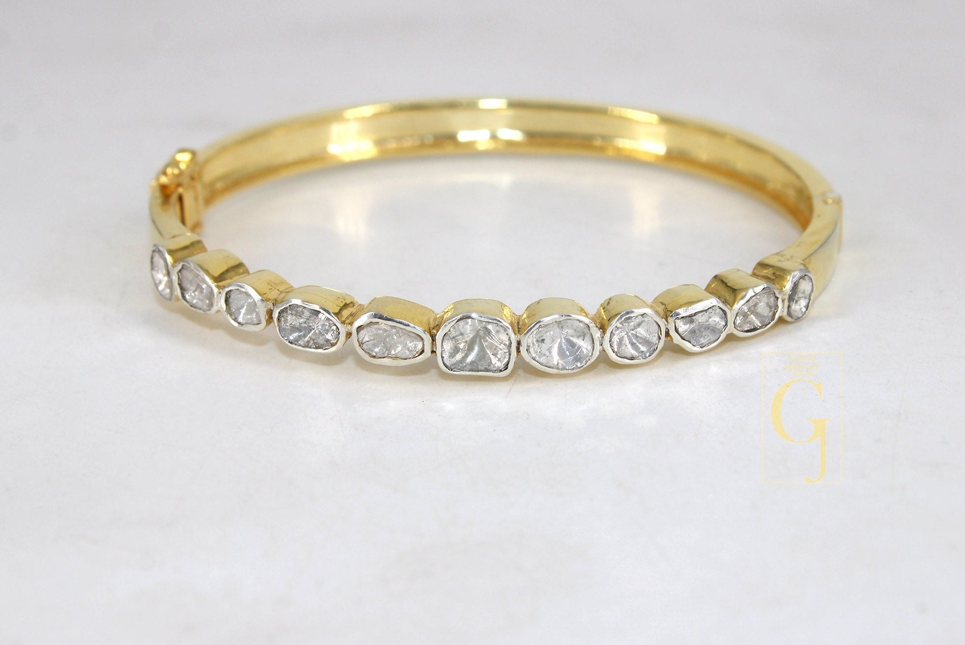 14k Gold Finish Polki Flat Diamond Bangle Rosecut Pave Diamond Bangle Bracelet 925 Sterling Silver Handmade Finish Diamond Bangle Bracelet