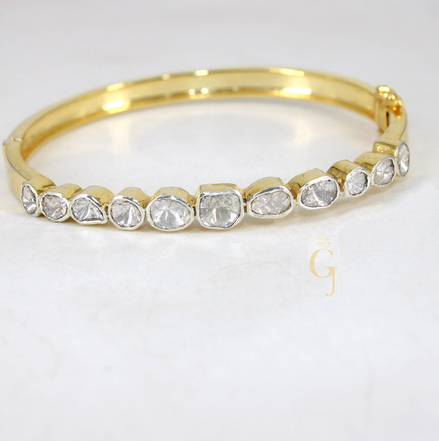 14k Gold Finish Polki Flat Diamond Bangle Rosecut Pave Diamond Bangle Bracelet 925 Sterling Silver Handmade Finish Diamond Bangle Bracelet